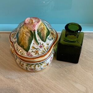 Floral Ceramic Hand painted Trinket Box made in Portugal with Green Glass Bottle